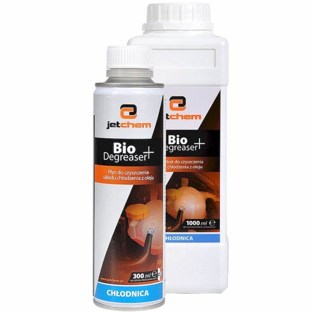 płukanie układu chłodzenia z oleju preparatem JETCHEM Bio Degreaser+ usuwa olej w układzie chłodzenia i benzynę lub olej napędowy w zbiorniczku wyrównawczym